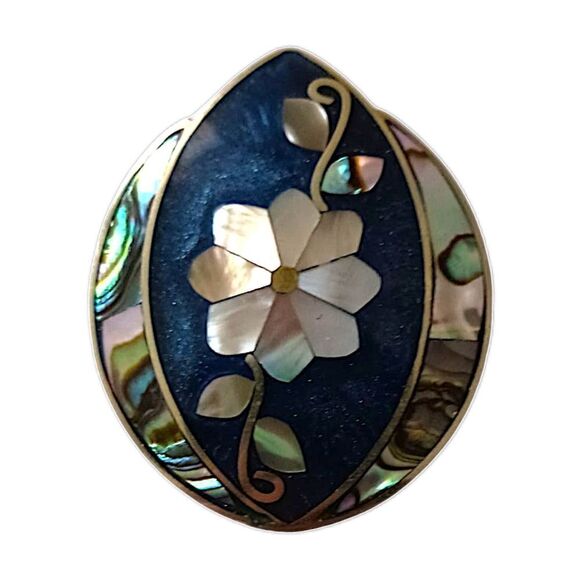 Alpaca Pendant Brooch Pin Abalone Shell Vintage Mexico Inlaid Floral Silver Tone - Picture 8 of 15